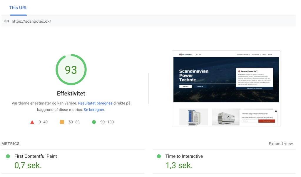 Scanpotec Google Pagespeed Insights resultat